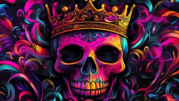 3D Desktop HD Wallpaper with 3D vector art depicting a colorful king skull with a crown,.