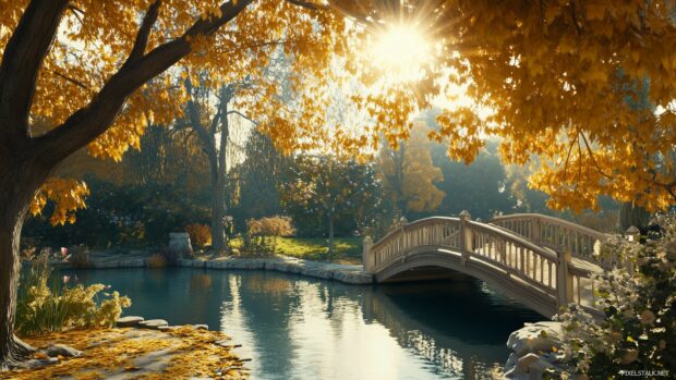 3D Desktop Wallpaper HD with autumn park with golden leaves, a serene pond, and a wooden bridge, with sunlight streaming through the trees.