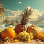 3D Desktop Wallpaper HD with cool 3D arrangement of tropical fruits on a beach.