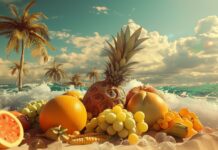 3D Desktop Wallpaper HD with cool 3D arrangement of tropical fruits on a beach.