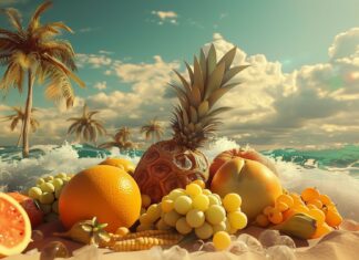 3D Desktop Wallpaper HD with cool 3D arrangement of tropical fruits on a beach.