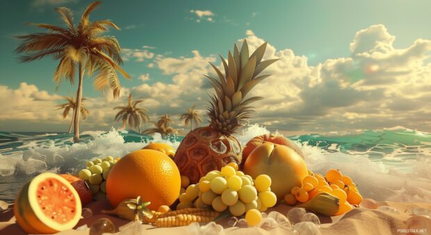 3D Desktop Wallpaper HD with cool 3D arrangement of tropical fruits on a beach.