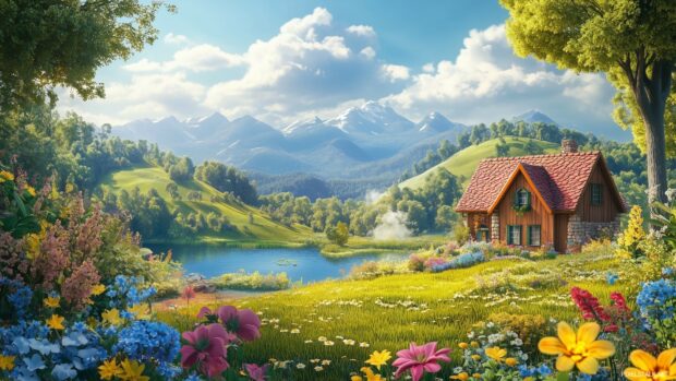 3D Desktop Wallpaper HD with countryside landscape with rolling hills, wildflowers, and a quaint wooden cottage by a lake.