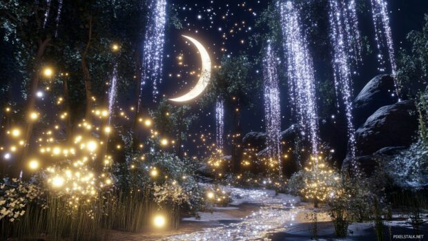 3D Desktop Wallpaper with mystical night forest illuminated by glowing fireflies, a crescent moon, and sparkling streams.