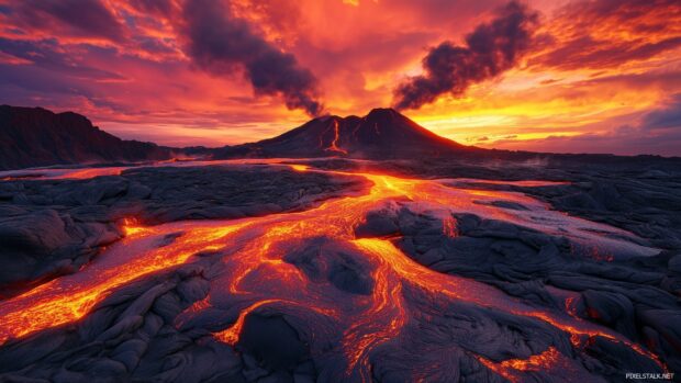 3D Desktop Wallpaper with volcanic scene with molten lava flows, rugged rocks, and glowing ash under a fiery sky.