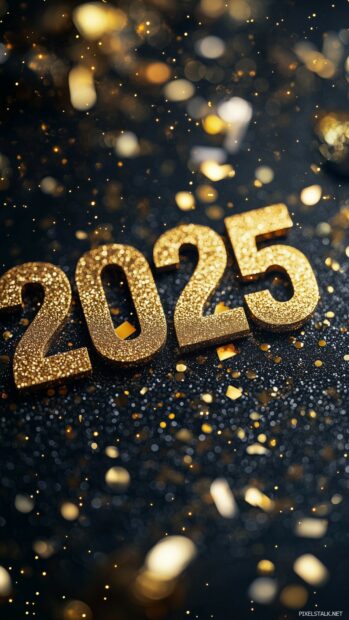 3D Golden New Year 2025 numerals glowing brightly on a black background.