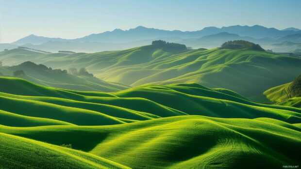 3D Nature Wallpaper with a panoramic view of rolling green hills and meadows under a clear blue sky.