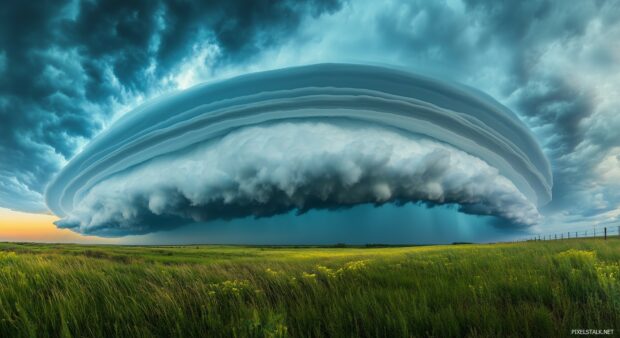 3D Nature background with a vast sky filled with thick, dramatic storm clouds rolling in over a rural field, capturing the power and beauty of nature.