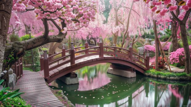 3D Nature with a traditional Japanese cherry blossom garden in full bloom with a wooden bridge over a tranquil pond.