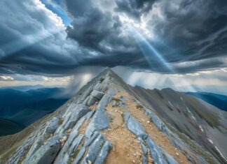 3D Nature with rocky mountain peak with dramatic clouds, sun breaking through, majestic view.