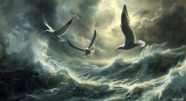 3D Nature  with seagulls soaring through the wind of an intense ocean storm.