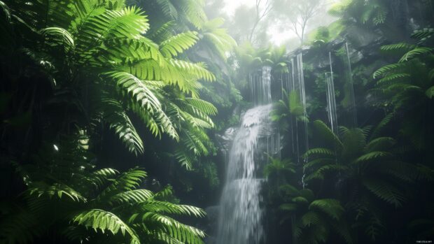 3D Rainforest waterfall, lush green foliage, mist in the air.