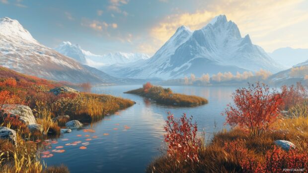 3D Wallpaper with serene mountain landscape with snow capped peaks, lush valleys, and a winding river reflecting the sunrise.