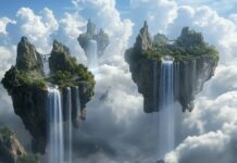 3D digital art 1080p composition featuring floating islands with waterfalls cascading into the clouds.