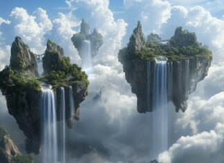 3D digital art 1080p composition featuring floating islands with waterfalls cascading into the clouds.