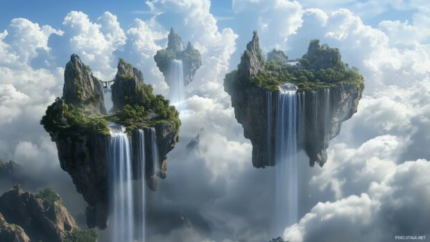 3D digital art 1080p composition featuring floating islands with waterfalls cascading into the clouds.