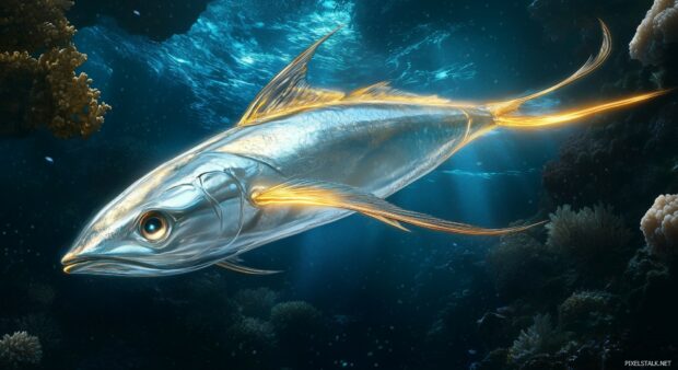 3D fish with glowing fins, gliding smoothly through deep ocean waters.