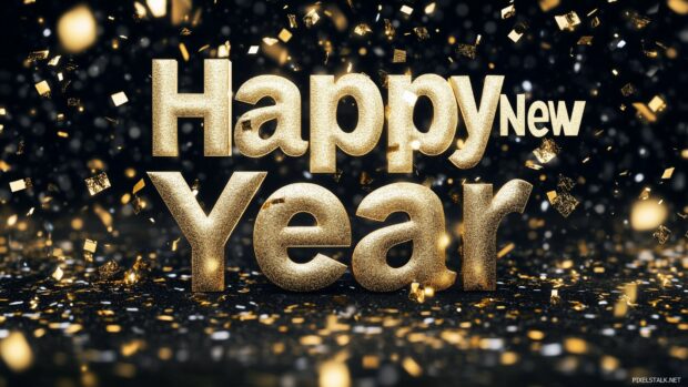 3D golden Happy New Year text an elegant font with floating confetti and glittering gold particles around it.