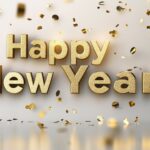 3D golden Happy New Year text with 2025 in an elegant font with floating confetti and glittering gold particles around it.