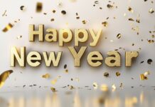 3D golden Happy New Year text with 2025 in an elegant font with floating confetti and glittering gold particles around it.