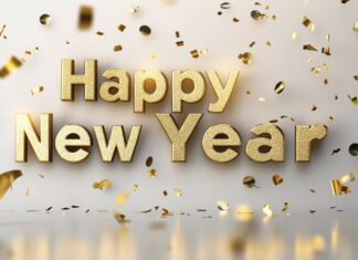 3D golden Happy New Year text with 2025 in an elegant font with floating confetti and glittering gold particles around it.