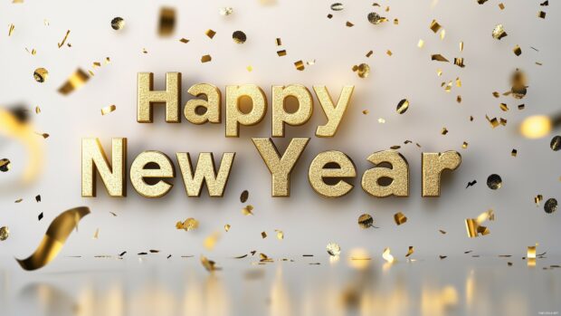 3D golden Happy New Year text with 2025 in an elegant font with floating confetti and glittering gold particles around it.