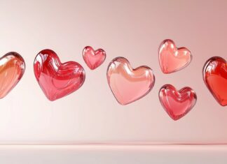 3D hearts in varying shades of red and pink.