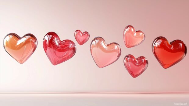 3D hearts in varying shades of red and pink.