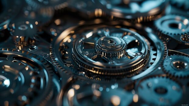 3D metallic gears and cogs rotating in a synchronized motion.