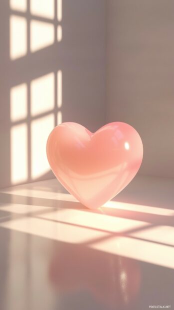 3D phone wallpaper with a 3D pink heart shape softly glowing and floating in a clean, abstract space, with smooth lighting and subtle shadows adding depth to the simple, charming design.