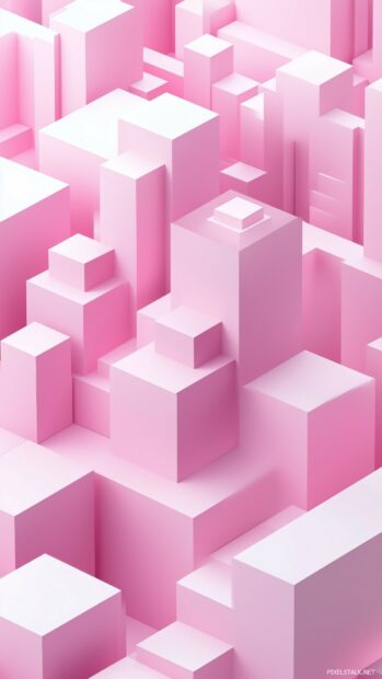 3D phone wallpaper with a collection of interlocking pink 3D geometric shapes, such as cubes and pyramids, with subtle shadows and soft light enhancing their modern and simple arrangement.