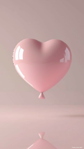 3D phone wallpaper with a cute 3D balloon in the shape of a heart, floating gently in a neutral space, with soft reflections adding to the playful and simple aesthetic.