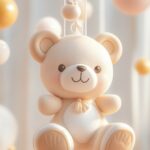 3D phone wallpaper with a cute 3D teddy bear shape, softly glowing in pastel tones, suspended in a simple, minimalist environment with a playful touch.