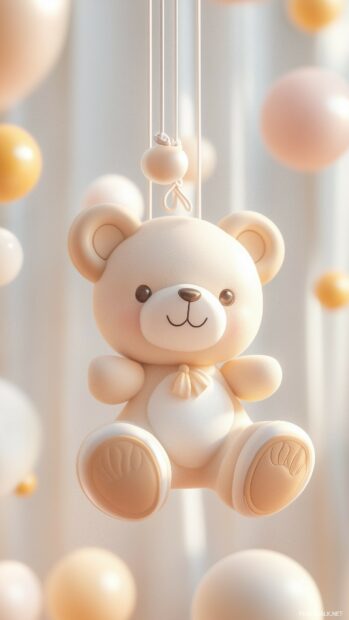 3D phone wallpaper with a cute 3D teddy bear shape, softly glowing in pastel tones, suspended in a simple, minimalist environment with a playful touch.