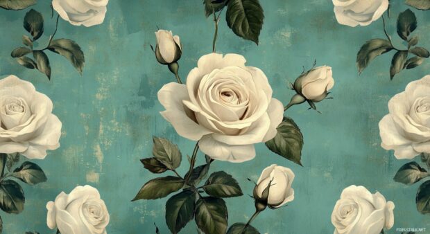 3D roses desktop HD wallpaper with a delicate vintage pattern of white roses set against a faded teal background, creating a serene and timeless aesthetic.