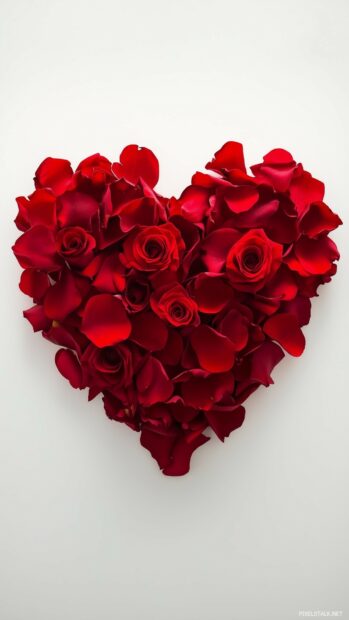 3D roses wallpaper with a heart shaped arrangement of red rose petals on a white background, symbolizing love and romance.