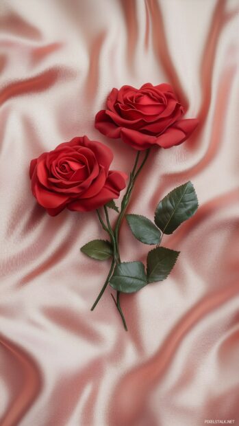 3D roses with a pair of intertwined red roses lying on a silky pink fabric, with subtle lighting to create a romantic glow.