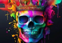 3D vector art depicting a colorful king skull with a crown, in the style of a tattoo design on a black background.