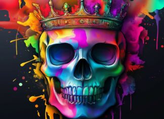 3D vector art depicting a colorful king skull with a crown, in the style of a tattoo design on a black background.