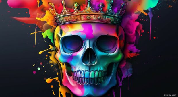 3D vector art depicting a colorful king skull with a crown, in the style of a tattoo design on a black background.