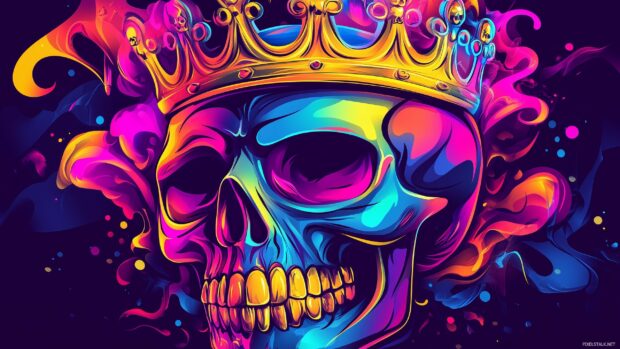 3D vector art depicting a colorful king skull with a crown, in the style of a tattoo design on a black background.