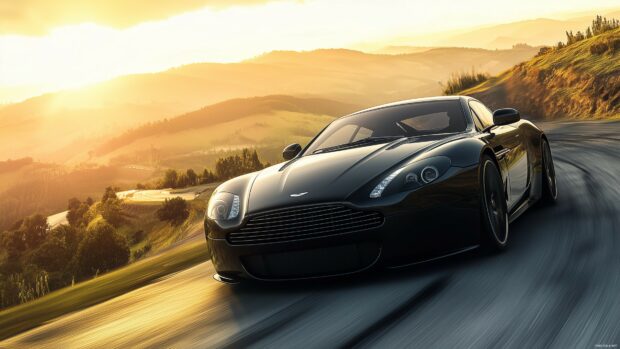 4K Car Wallpaper HD with a black sports car speeding down a winding mountain road at sunset.