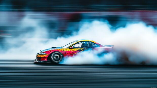 4K Car Wallpaper HD with a drift car sliding sideways on a track with tire smoke enveloping the scene.