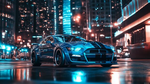 4K Car Wallpaper HD with a modern Ford Mustang Mach 1 in dark blue, parked on a sleek urban street.