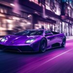 4K Car Wallpaper with a Lamborghini Murciélago in deep purple, captured speeding down a dark.