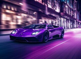 4K Car Wallpaper with a Lamborghini Murciélago in deep purple, captured speeding down a dark.