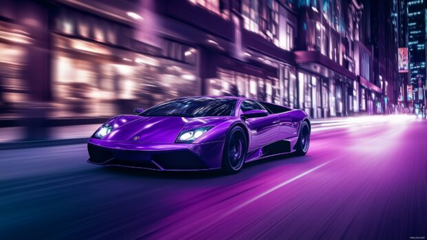 4K Car Wallpaper with a Lamborghini Murciélago in deep purple, captured speeding down a dark.