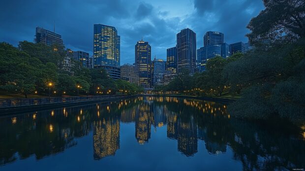 4K City Wallpaper with a calm evening cityscape with lights just beginning to flicker on.