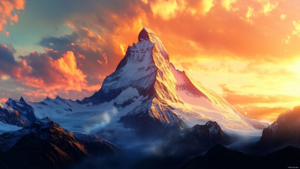 4K Desktop Wallpaper with a majestic snow capped mountain under a vibrant sunrise with golden rays reflecting on the peaks.