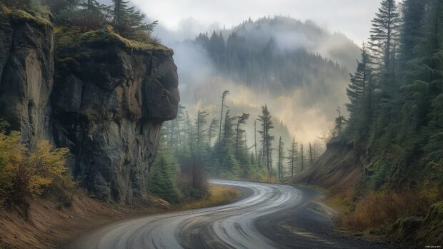 4K Desktop Wallpaper with a scenic mountain road winding through dense pine forests with towering cliffs above.